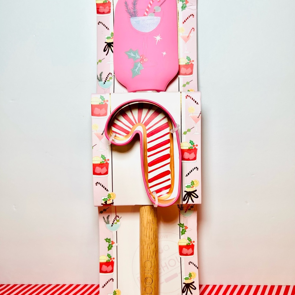 Christmas Martini Cocktail Glass Silicone Pink Spatula Candy Cane Cookie Cutter